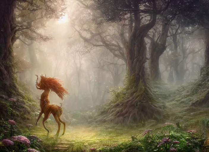 Image similar to desktop background, magical fantasy forest, centaur, path traced, highly detailed, high quality, digital painting, by studio ghibli, lise deharme, alexander jansson, paul lehr, tim white, hans zatzka, henriette ronner - knip, george stubbs, louis wain