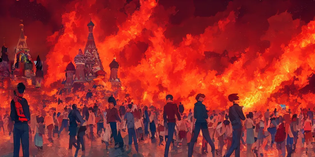 Image similar to high quality picture of burning Red Square in Moscow in flame, rich vivid colors, ambient lighting, dynamic lighting, 4k, HQ, official media, anime key visual, makoto shinkai, ilya kuvshinov, lois van baarle, rossdraws, detailed, trending on artstation