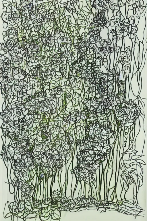Prompt: single line sketch of cascading garden with large flowers, scribble sketch, small details,