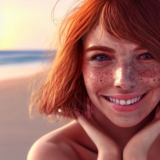 Image similar to portrait of a cute thin young woman, red blush, cute freckles, smug smile, modern clothes, relaxing on the beach, golden hour, close up shot, 8 k, art by irakli nadar, hyperrealism, hyperdetailed, ultra realistic