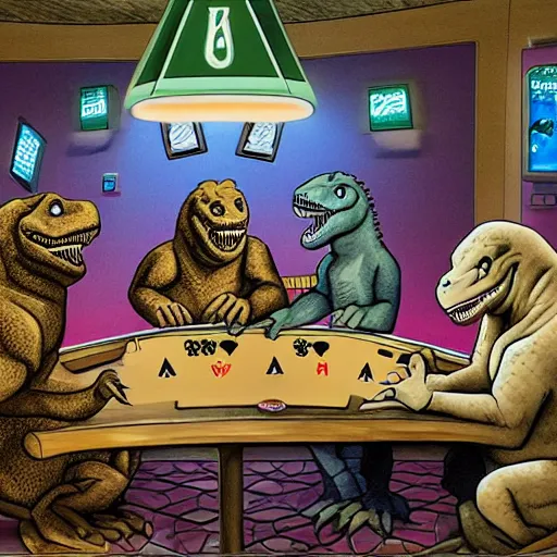 Image similar to Dinosaurs playing poker at the prehistoric dawn cave casino drawn with a left hand.