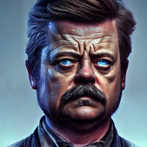 Image similar to Very very very very highly detailed epic central composition photo of Ron Swanson face, intricate, dystopian, sci-fi, extremely detailed, digital painting, smooth, sharp focus, illustration, intimidating lighting, incredible art by Brooke Shaden, artstation, concept art, Octane render in Maya and Houdini