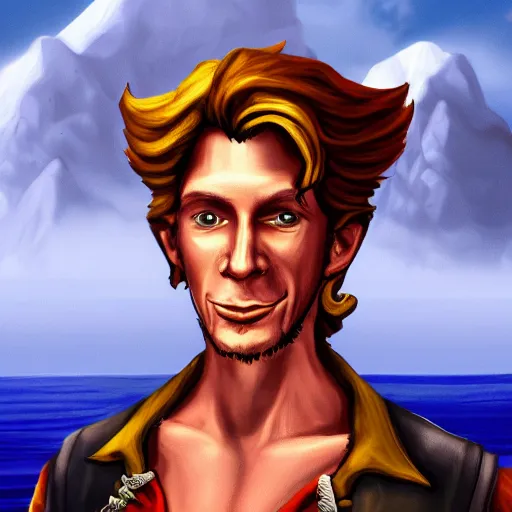 Prompt: a photorealistic portrait of guybrush threepwood mighty pirate