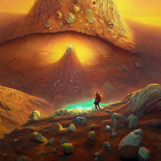 Prompt: A fresco painting of a nomadic wanderer traversing a corrupted futuristic crystal desert by Jacek Yurka, Kelly Freas, Filip Hodas, Paul Lehr