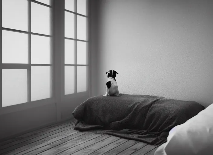 Image similar to photography of a Jack Russel watching outside the window on a bed in a 3d rendered white room, octane render, 3d, foggy, volumetric light, volumetric fog, photorealistic, unreal engine 5