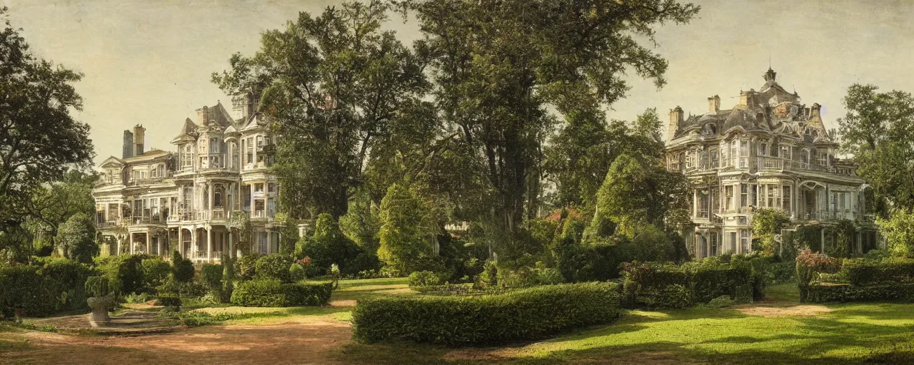 Image similar to a highly detailed photograph of a house from the 1880s surrounded by beautiful gardens, view from ground level, elegant, ornate, daytime, beautifully lit scene