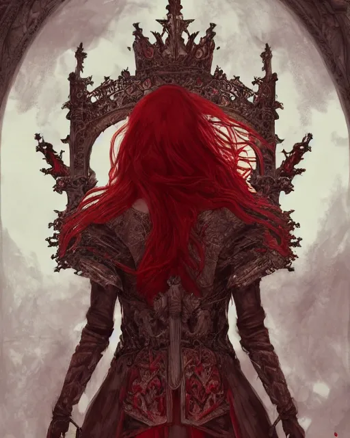 Image similar to redhead queen in heavy red armor, inside an epic gothic castle, baroque, large crown, face with scars, mad grin, intimidating, ominous, high fantasy, intricate detail, digital painting, artstation, concept art, smooth, sharp focus, illustration, art by yoshitaka amano and monia merlo and wlop