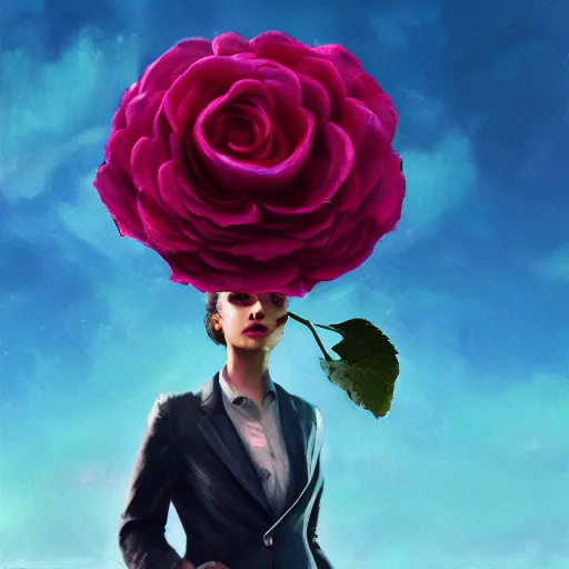 Image similar to closeup, giant rose flower head, frontal, girl in a suit, surreal photography, sunrise, blue sky, dramatic light, impressionist painting, digital painting, artstation, simon stalenhag