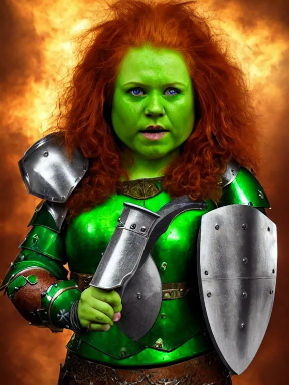 Image similar to dwarven woman, ginger hair, green eyes, holding hammer and shield with plate armour