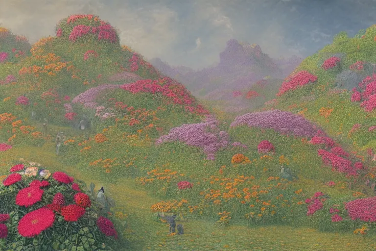 Prompt: planetary scale city now overgrown with flowers in the style of gustave dore, but with color