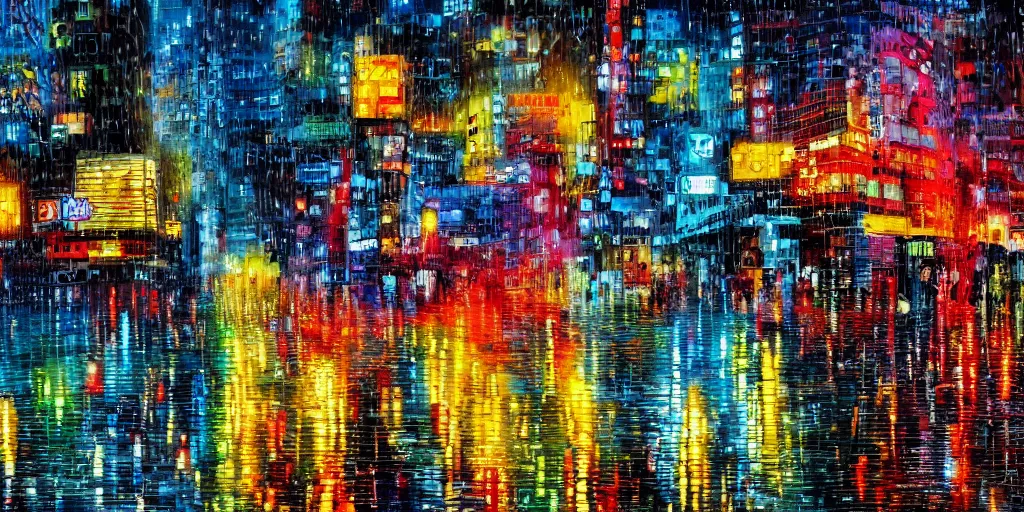 Prompt: a cyberpunk cityscape in the rain, by jackson pollock and wassily kandinsky, 4 k resolution, vivid colours, extremely detailed, dripping technique, oil paint, depth