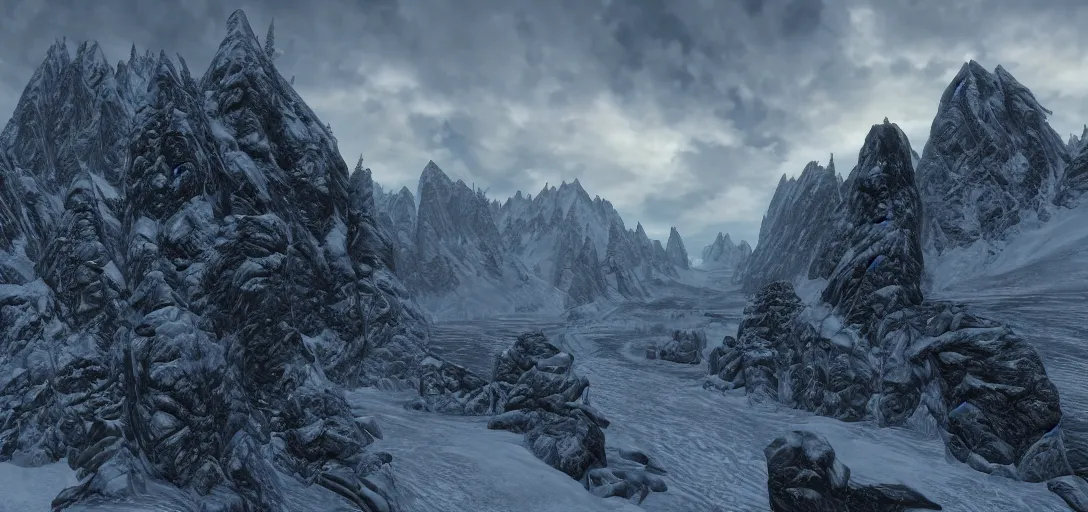 Image similar to skyrim throat of the world mountain as seen from whiterun, skyrim, elder scrolls, winter weather, landscape photography, professional photography, 8k realism, hyper realism, wide shot