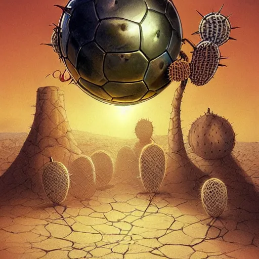 Prompt: magical soccer ball covered with eyes, with two antennas, in the desert next to a cactus, d & d, fantasy, greg rutkowski, frank frazetta, alexandre chaudret, boris vallejo, michael whelan, miro petrov, hr giger, magali villeneuve, donato giancola