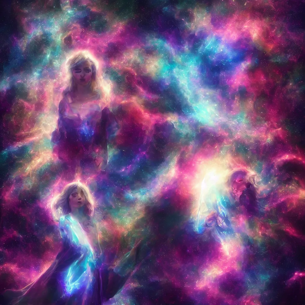 Image similar to angel in a galaxy made of stars, space, nebulas stars Dmt Psychedelic cosmos, cosmic, Hallucination, night sky; 8k, artstation, unreal engine, octane render, hdr, surrealistic, hyperrealism, glow, photorealistic, volumetric lighting, Dreamy, dynamic, mystical