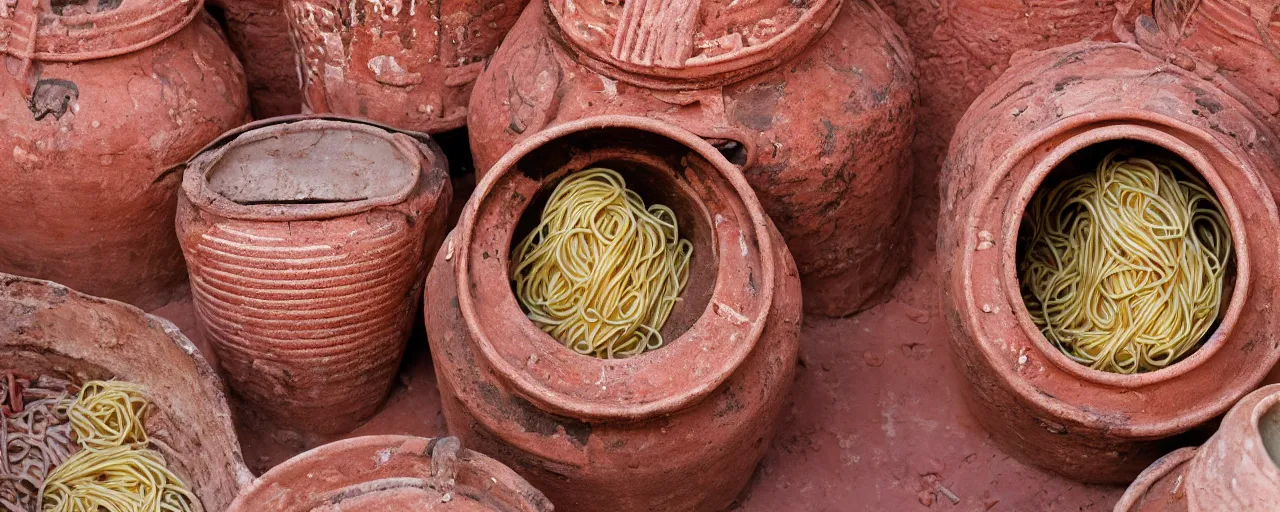 Prompt: spaghetti inside ancient terra cotta pots, middle east, fine detail, canon 5 0 mm, in the style wes anderson, kodachrome, retro