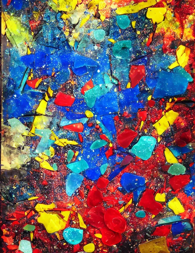 Prompt: abstract composition with oil sticks and broken pieces of colored shiny glass, 3D version of a painting colorful abstract with dripped ink and sea glass, Acrylic Paint, Oil Paint, Dripping Paint, Splatter Paint, Exterior, Stellation, Seaglass, Ruby, Lapis Lazuli, Agate, Firework, De-Noise