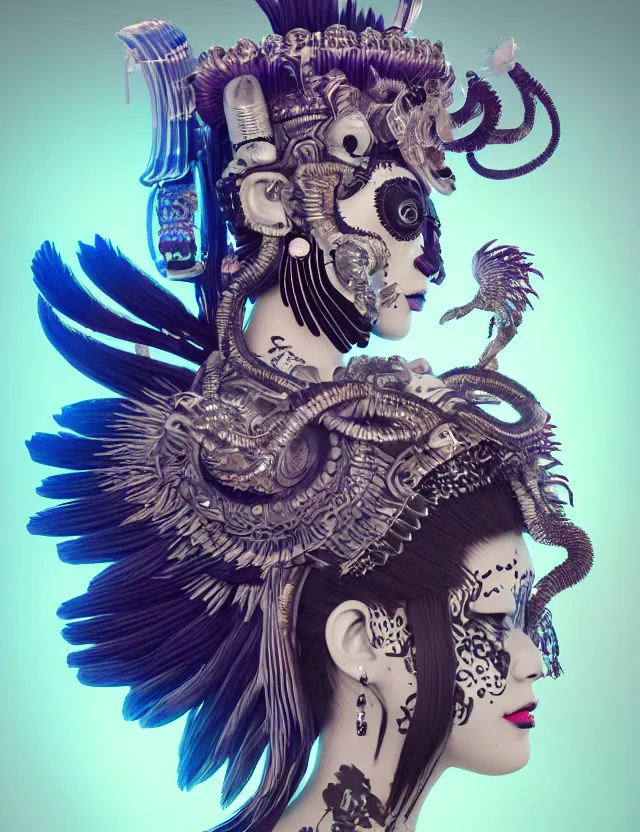 Image similar to 3 d goddess close - up profile portrait punk with mohawk with ram skull. beautiful intricately detailed japanese crow kitsune mask and clasical japanese kimono. betta fish, jellyfish phoenix, bio luminescent, plasma, ice, water, wind, creature, artwork by tooth wu and wlop and beeple and greg rutkowski