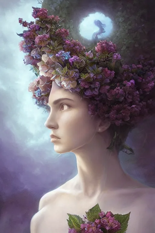 Image similar to hydrangea queen goddess dreaming!!!, windy floating hair!!, atmospheric moody, dark surreal, seductive beauty! cinematic volumetric lights, bust portrait, dnd, fantasy, intricate, elegant, highly detailed, digital painting, artstation, concept art, smooth, sharp focus, illustration, art by artgerm and tom bagshaw and greg rutkowski and alphonse mucha