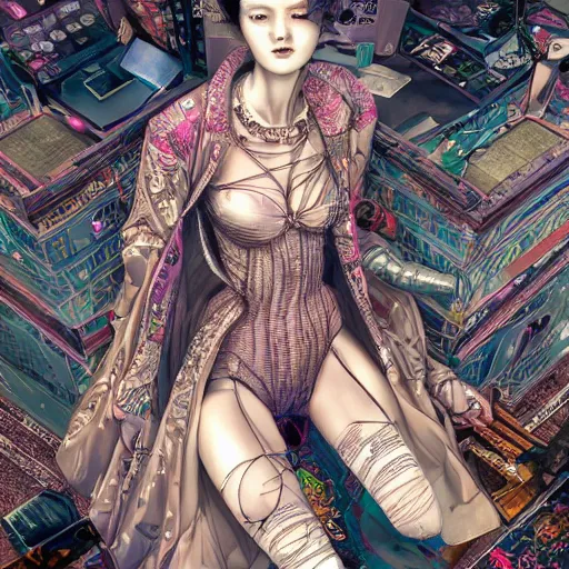 Image similar to the portrait of an absurdly beautiful, graceful, elegant, sophisticated, fashionable cyberpunk gravure idol, an ultrafine hyperdetailed illustration by kim jung gi, irakli nadar, zhong lin, intricate linework, bright colors, collage, porcelain skin, unreal engine 5 highly rendered, global illumination, radiant light, detailed and intricate environment