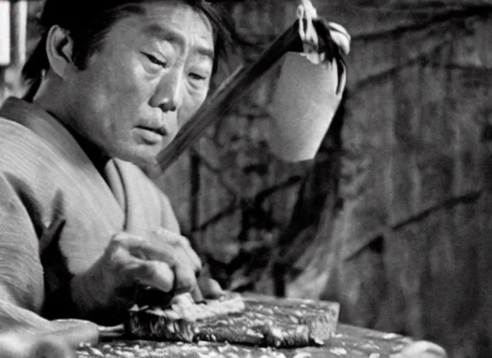 Image similar to a movie still of a samurai slicing a loaf of bread, a movie by Akira Kurosawa