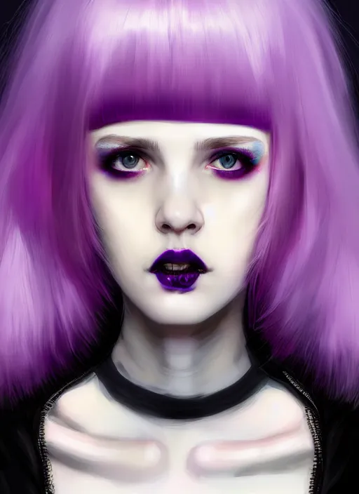 Image similar to portrait of white teenage girl, normal face, white bangs, mall goth, cyberlox, black and white hair, bangs, fluffy bangs, red contact lenses, purple lipstick, intricate, elegant, highly detailed, digital painting, artstation, concept art, sharp focus, smooth, illustration, art by wlop, mars ravelo and greg rutkowski