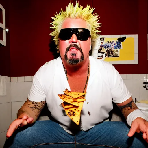 Image similar to guy fieri sitting on a white toilet in a bathroom stall , eating a plate of nachos that is sitting on his lap, 8k