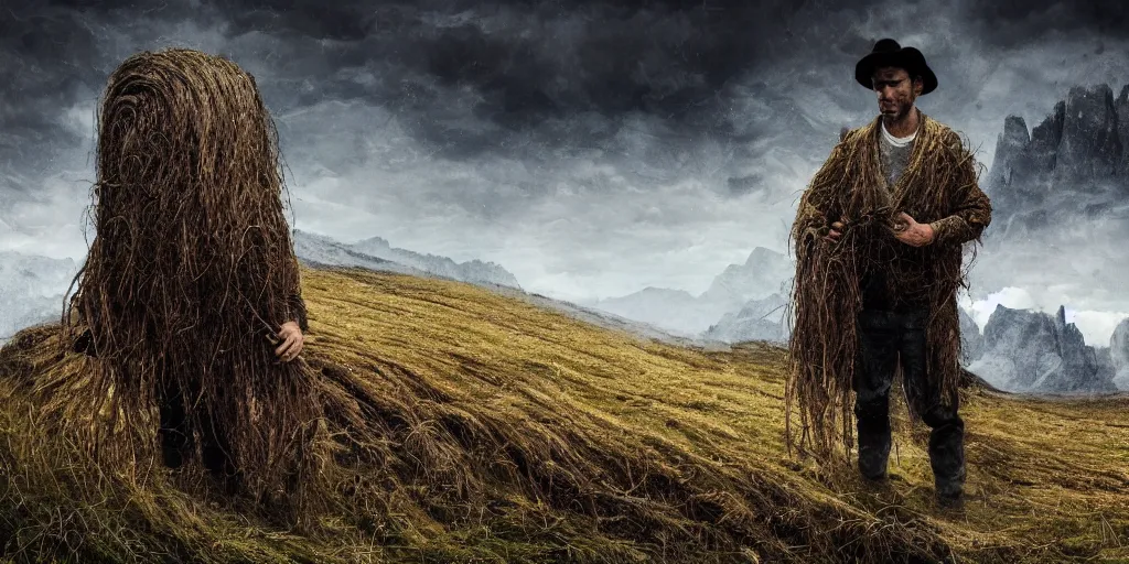 Image similar to alpine farmer transforming into a monster ,roots and hay coat, dolomites in background, dark, eerie, despair, portrait photography, artstation, digital art, concept art, artstation, highly detailed, sharp focus, by caravaggio