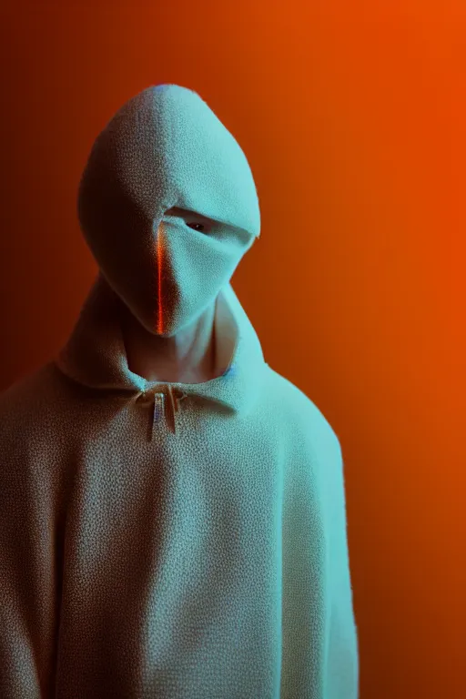 Prompt: a model westling acne outfit, luxury materials, macro photography, long exposure photograph, surrealism, anamorphic bokeh, cozy, soft light, cyan and orange, caustic, atmospheric fog, octane render, cinematic