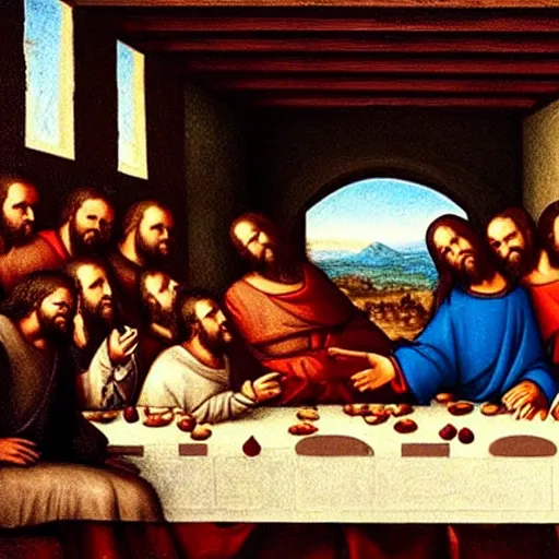 Image similar to jesus and the 1 2 disciples eating the last supper at applebees, in the style of leonardo da vinci