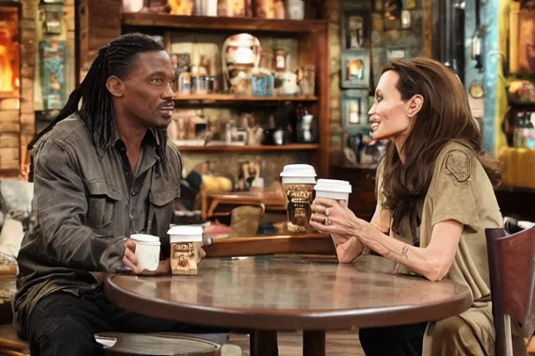 Image similar to angelina jolie and the predator, best friends, drinking coffee at central perk, still photo, hyperrealistic, 35mm, 8k, by weta digital