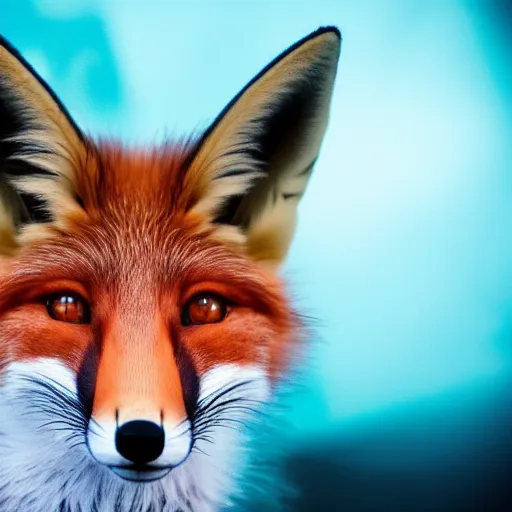 Image similar to A portrait of a surreal-looking fox with glowing blue eyes, focused, soft lighting, extremely detailed 8k, by Alexander Jannson