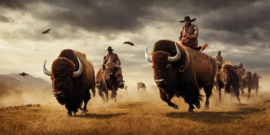 Image similar to indian on one wheel, bison herd, chase scene, epic composition, dramatic lighting, cinematic, establishing shot, extremely high detail, photorealistic, cinematic lighting, artstation, octane render, old photo, buffalo hunt movie, alpha movie, western, ultra sharp, clean symmetrical faces, high detail, intricate,hypermaximalist,hyper realism