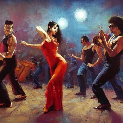 Prompt: latin dance band saturated colors, cinematic, vallejo, frazetta, greg rutkowski, rowena morrill, juan gimenez