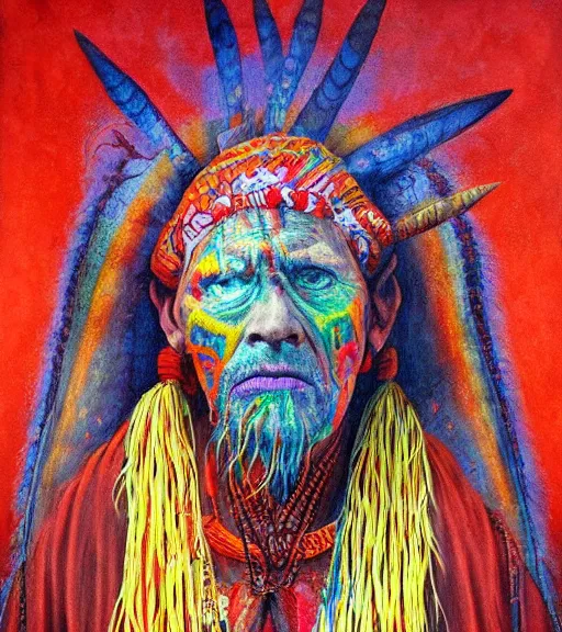 Image similar to Portrait painting in a style of Beksinski mixed with Alex Grey of an old shaman dressed in a colorful traditional clothes.