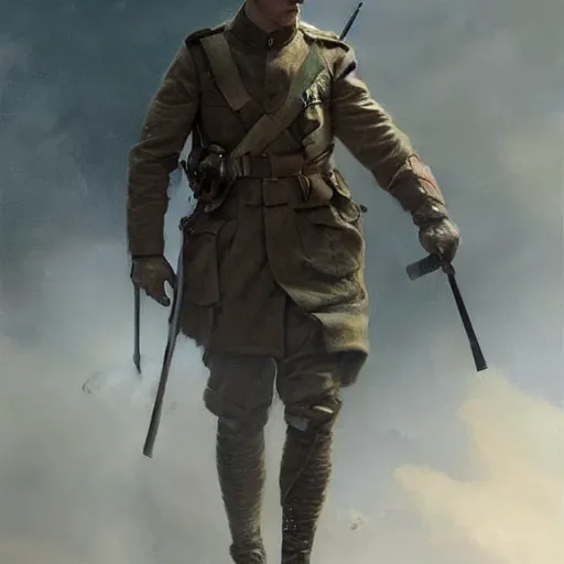 Image similar to a dramatic epic ethereal portrait of a WWI soldier, full body with dynamic pose, male, detailed face, cinematic lighting, highly detailed oil on canvas painting by Greg Rutkowski, winning-award digital art trending on Artstation H 1024 W 832