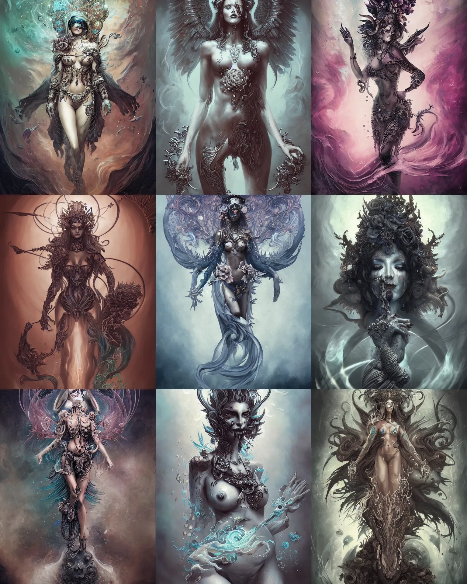 Image similar to goddess of death with full body tattoos, by nekro borja, peter mohrbacher, underwater psychedelic smoke, highly detailed, intricate, elaborate, illustration, sharp focus, artstation