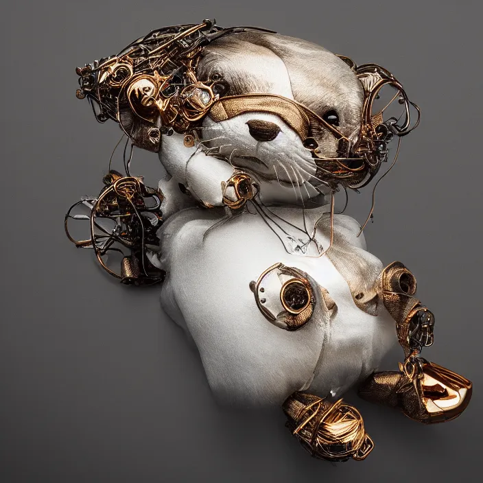 Image similar to hybrid plushy otter, photorealism, white detail plastic biomechanical with gold, copper, bronze, chrome by lee jeffries, erik johansson, supersampled, 8 k, beautify