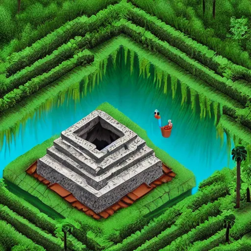 Prompt: isometric overgrown mayan cenote