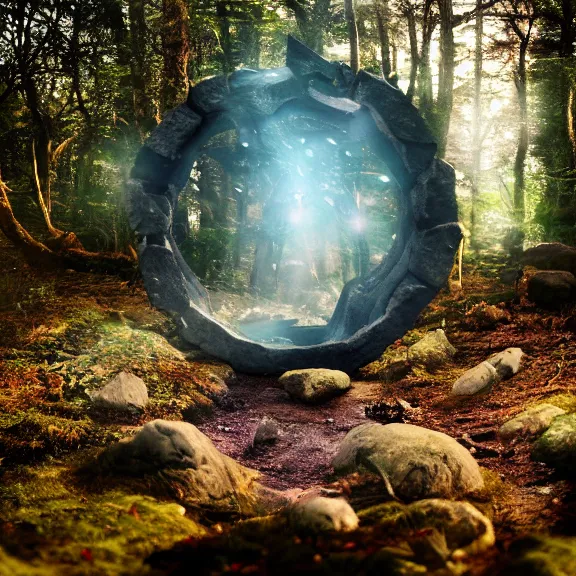 Prompt: magic stone portal in the forest, splash art, movie still, cinematic lighting, dramatic, octane render, extreme close-up, long lens, shallow depth of field, bokeh, anamorphic lens flare, 8k, hyper detailed, 35mm film grain