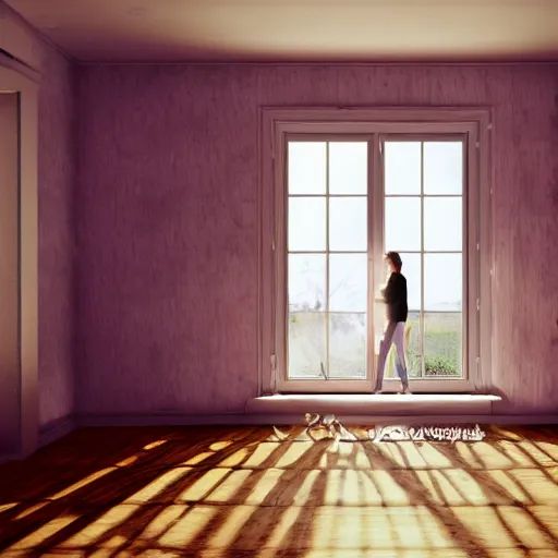 Image similar to person in pyjamas standing near window, sun rays, daylight, big french door window, big spatious room, 2 4 mm, wooden floor, modern, pastel palette, winter sun, photorealistic, high ceiling, watercolor painting