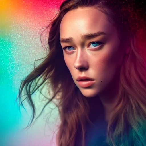 Prompt: full body of alycia debnam carey as a Oneiromancy, aruze colour aura, dreamwalker, EOS R5, f/2.8, HDR, studio light, medium close shot, dynamic pose, award winning photograph