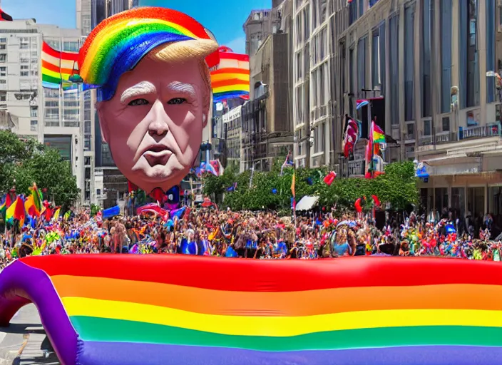 Prompt: pride parade float in the shape of donald trump's head, photorealistic, canon 5 d, sharp, sunlight, reflection, inflatable, rainbow