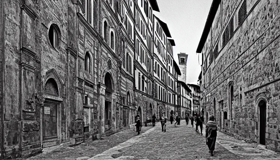 Image similar to florence old street in 1 6 th century with a tower in background, line art, black and white, dramatic lighting, cinematic composition, concept art