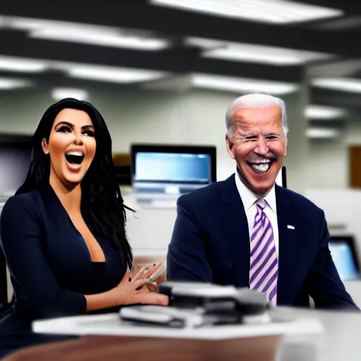 Image similar to stock photo of kim kardashian, and joe biden wearing suits and ties laughing in an office building, 8k resolution, full HD, cinematic lighting, award winning, anatomically correct