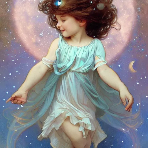 Image similar to a cute little girl with a round cherubic face, blue eyes, and short curly light brown hair smiles as she floats in space with stars all around her. She is wearing a turquoise dress. Beautiful painting by Artgerm and Greg Rutkowski and Alphonse Mucha