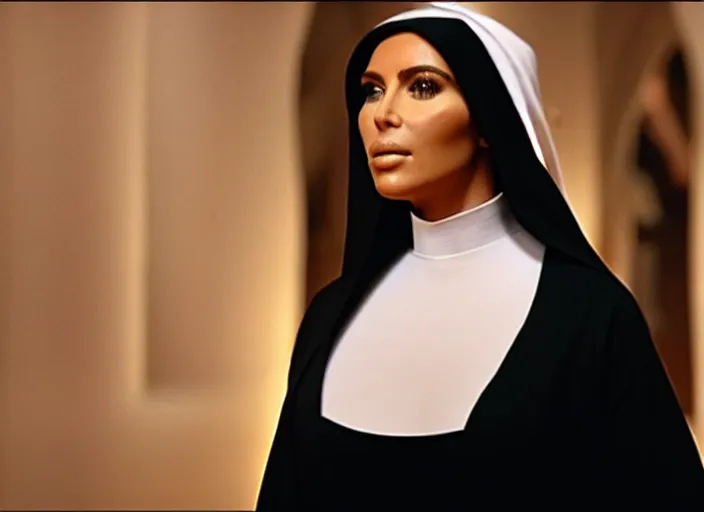 Image similar to a film still of kim kardashian as a nun with her bust slightly exposed. backround : church interior