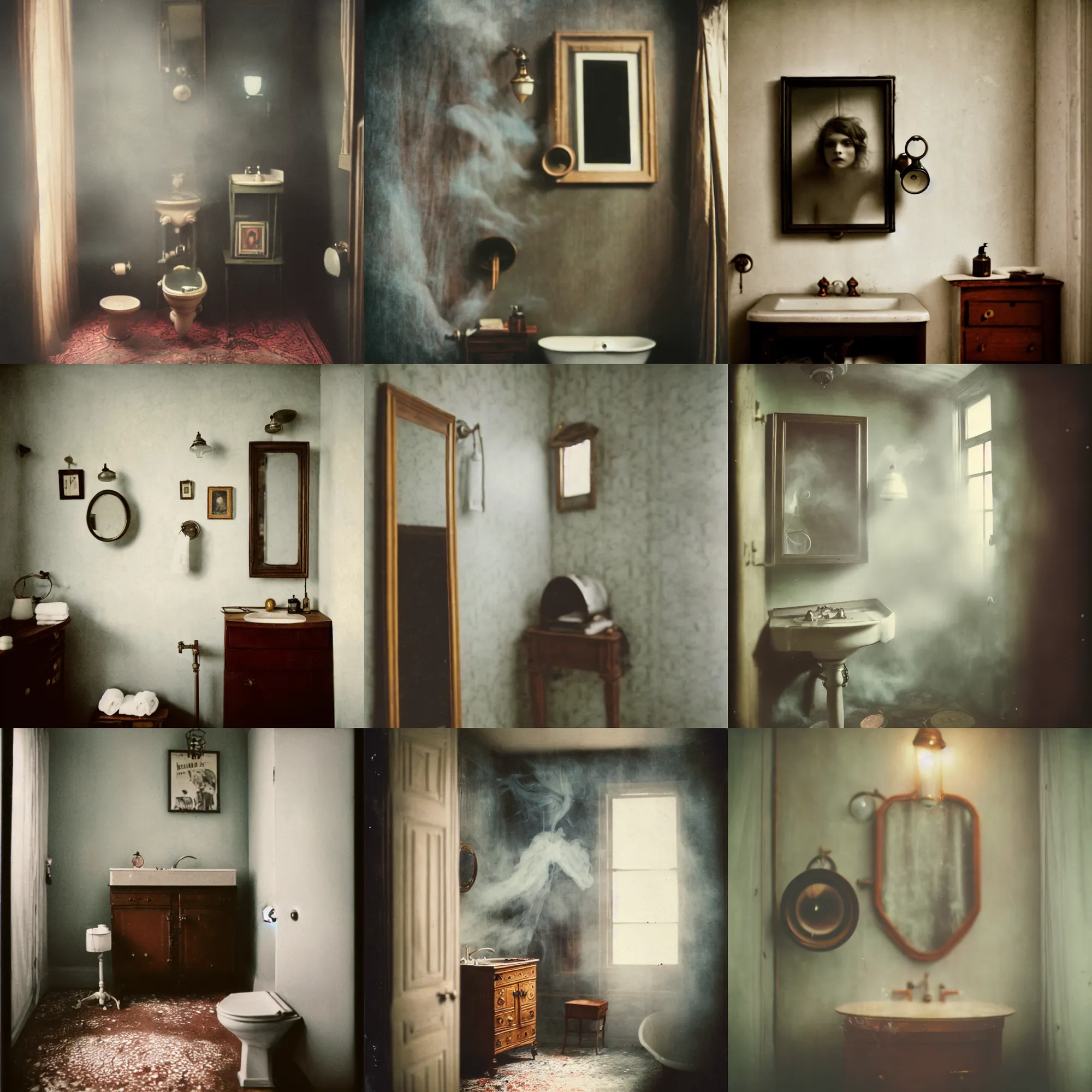 Prompt: kodak portra 4 0 0, wetplate, fisheye, award - winning portrait by britt marling, 1 9 2 0 s bathroom, ghost, picture frames, shining lamps, dust, smoke, 1 9 2 0 s furniture, wallpaper, carpet, books, muted colours, wood, fog,