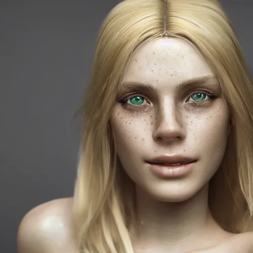 Image similar to Portrait of a Blonde Girl, Young Beautiful Face, Green Eyes, Freckles, Wearing a white crop-top and jeans, with a subtle smile, Detailed, 8K, Epic, Charming, Character, Octane Rendering, Hyper Realistic