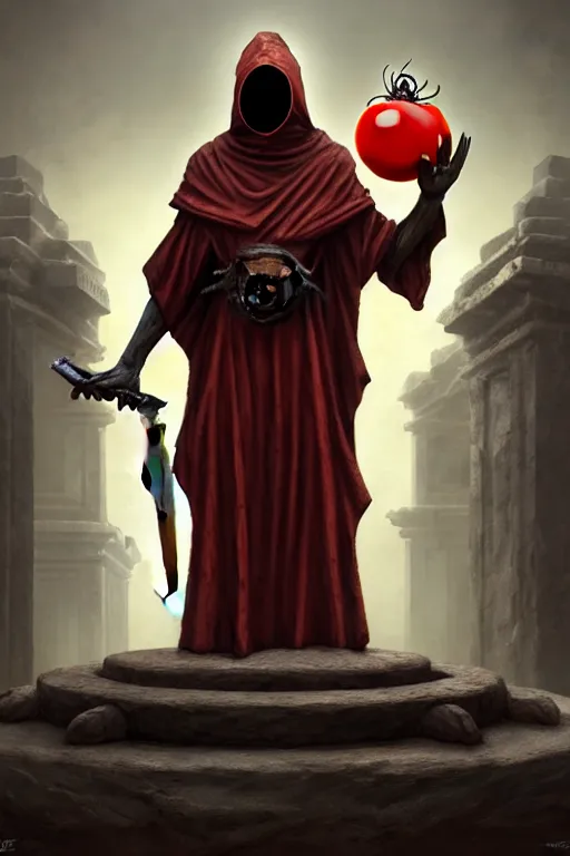 Image similar to an ancient statue of a hooded cultist is holding a bloody knife in one hand and a tomato on the other, standing in a forgotten temple to an eldritch god, by patrick mcenvoy and michael komarck and fantasy flight, incredible quality, trending on artstation