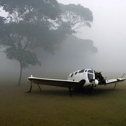 Image similar to beechcraft type 1 8 crash landed in a misty foggy jungle,